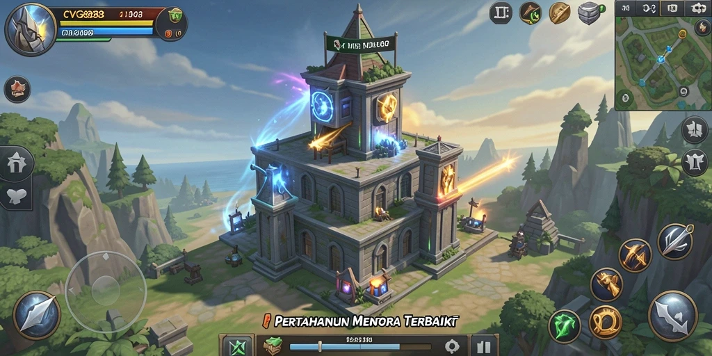 Tangkapan layar gameplay CVG8888 yang menampilkan menara beraksi dalam pertahanan.