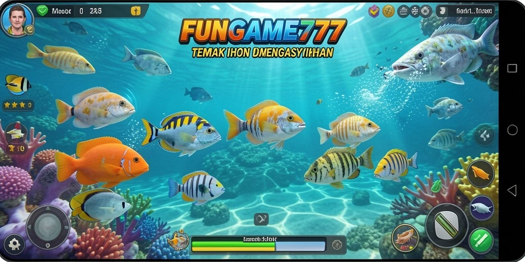 Gameplay seru dalam FUNGAME777 dengan menembak ikan berwarna-warni.