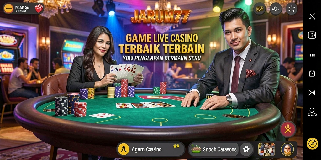 Screenshot gameplay JARUM77 yang menampilkan dealer dan suasana kasino live.