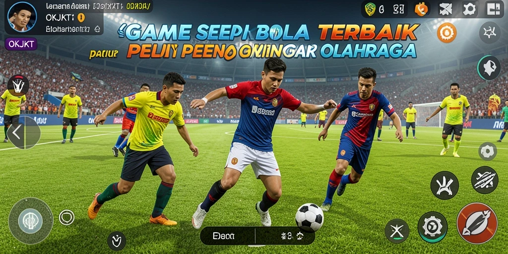 Screenshot utama OKJKT menampilkan aksi intens permainan sepak bola.